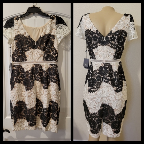 🆕️Adrianna Papell black & ivory stripe lace sheath dress 14 - Picture 5 of 10